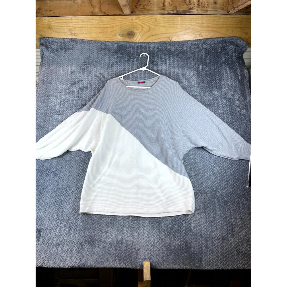 Vince Camuto Asymmetric Sweater Women XL Gray White Colorblock Cotton Round Neck